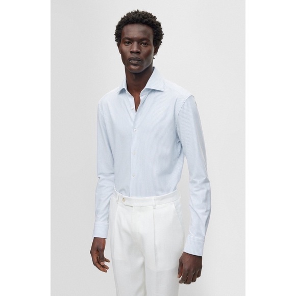 Boss Hugo Boss Slim Fit Light Blue Stripe Long Sleeve Button Down 16 - Picture 1 of 6